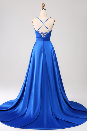 Royal Blue A Line Spaghetti Stropper Satin Prom Kjole med slids